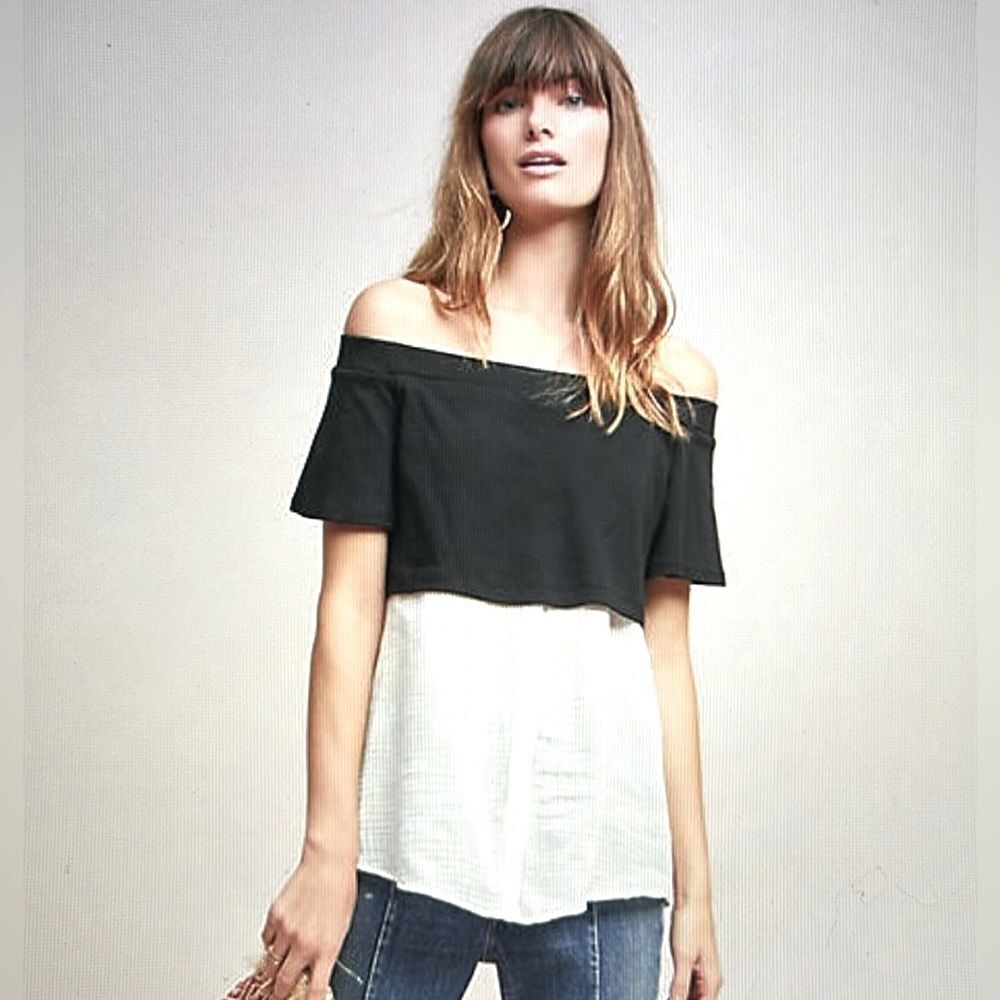 Anthropologie 9-H15 Layered Off-the-Shoulder Tunic Black & White M